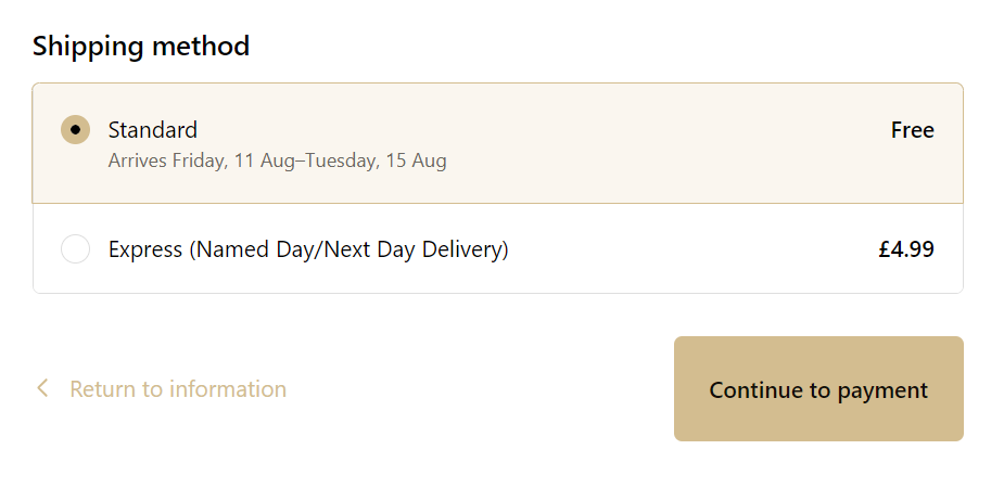 Example of estimated delivery times and dates options